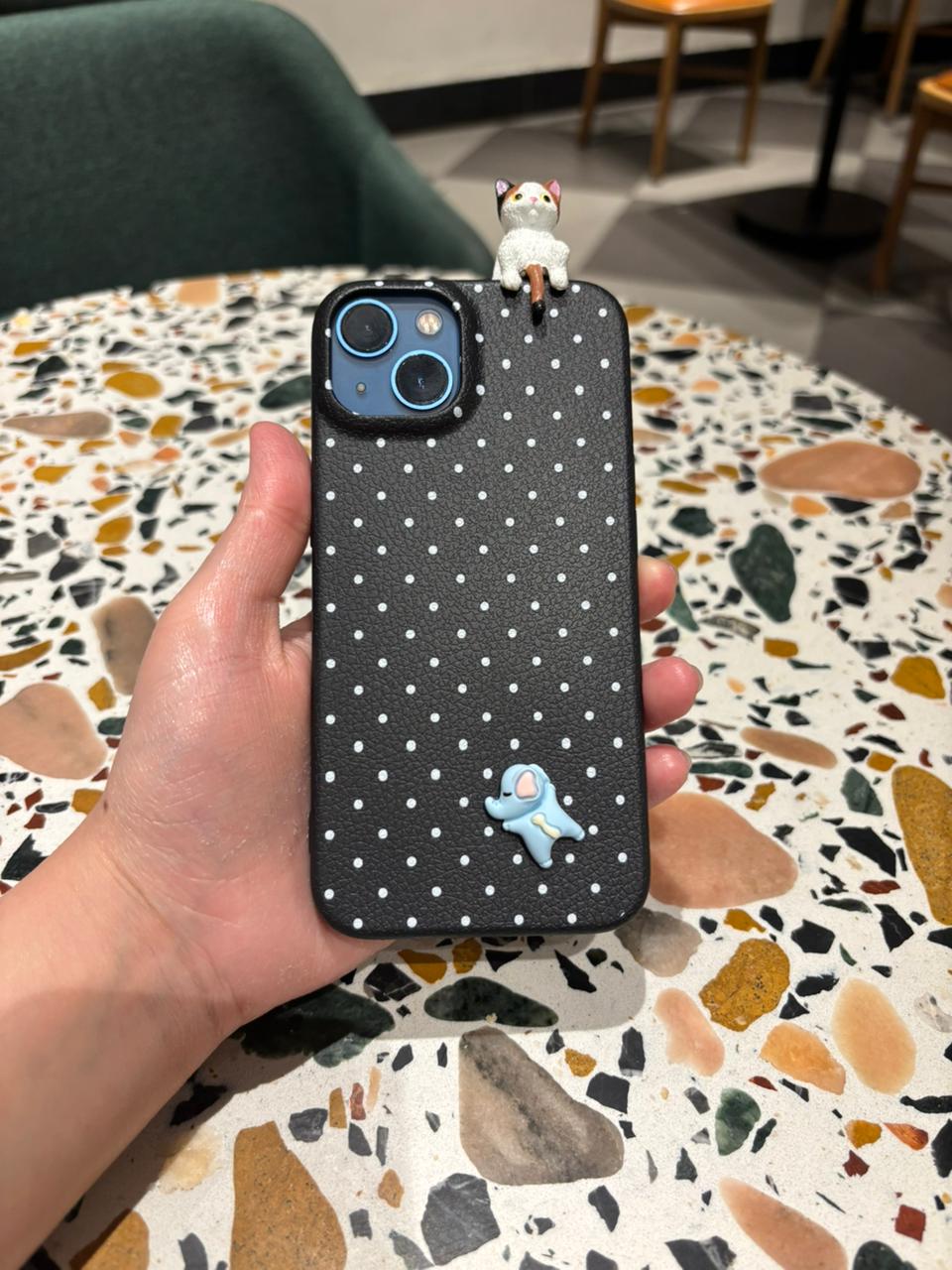 Black Polka Dot iPhone Case with 3D Calico Cat & Blue Elephant Charm