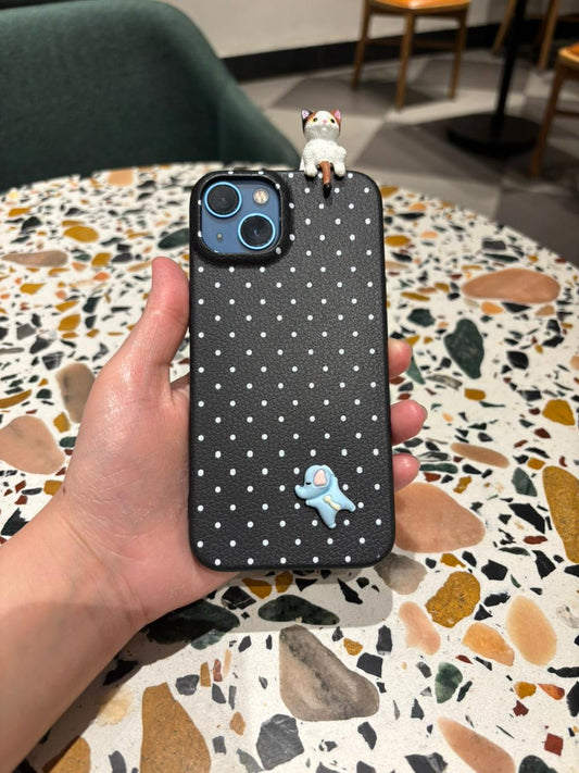 Black Polka Dot iPhone Case with 3D Calico Cat & Blue Elephant Charm