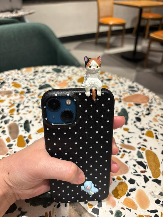 Black Polka Dot iPhone Case with 3D Calico Cat & Blue Elephant Charm