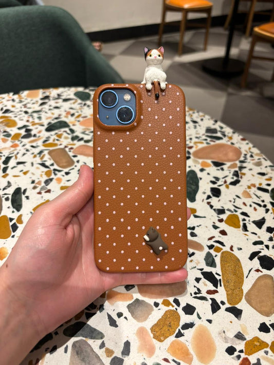 Rustic Brown Polka Dot iPhone Case with 3D Calico Cat & Mouse Charm