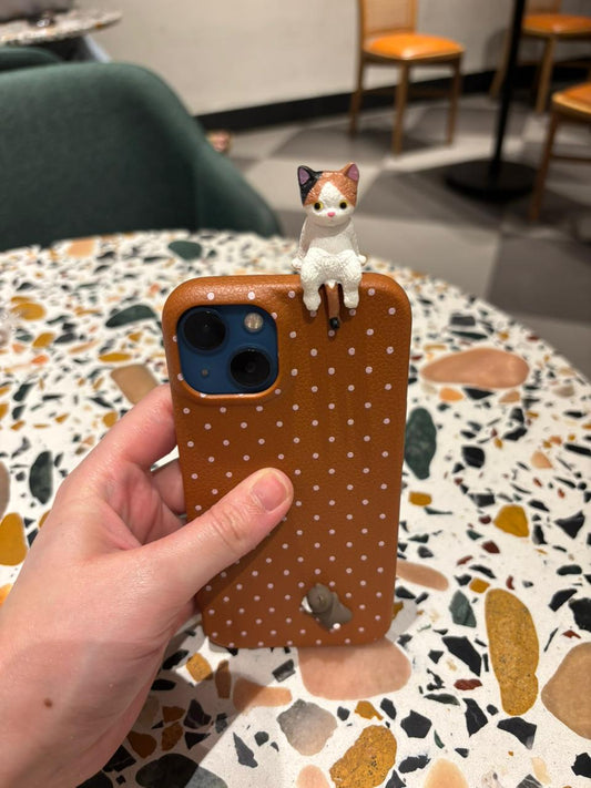 Rustic Brown Polka Dot iPhone Case with 3D Calico Cat & Mouse Charm