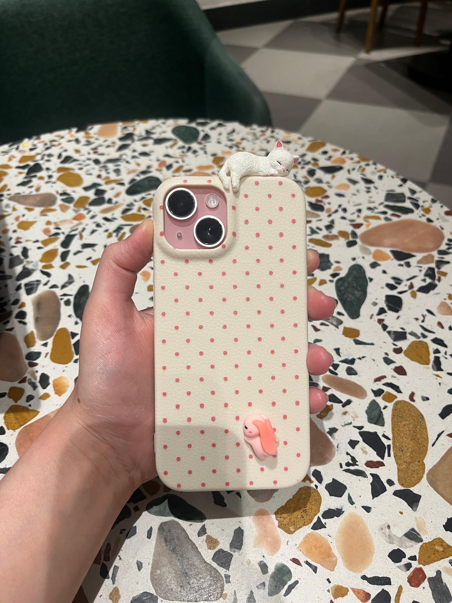 Cute Cream Polka Dot iPhone Case with 3D White Sleeping Cat