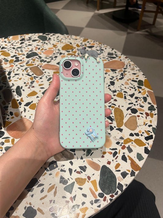 Mint Green Polka Dot iPhone Case with 3D Gray Cat & Blue Mouse Charm