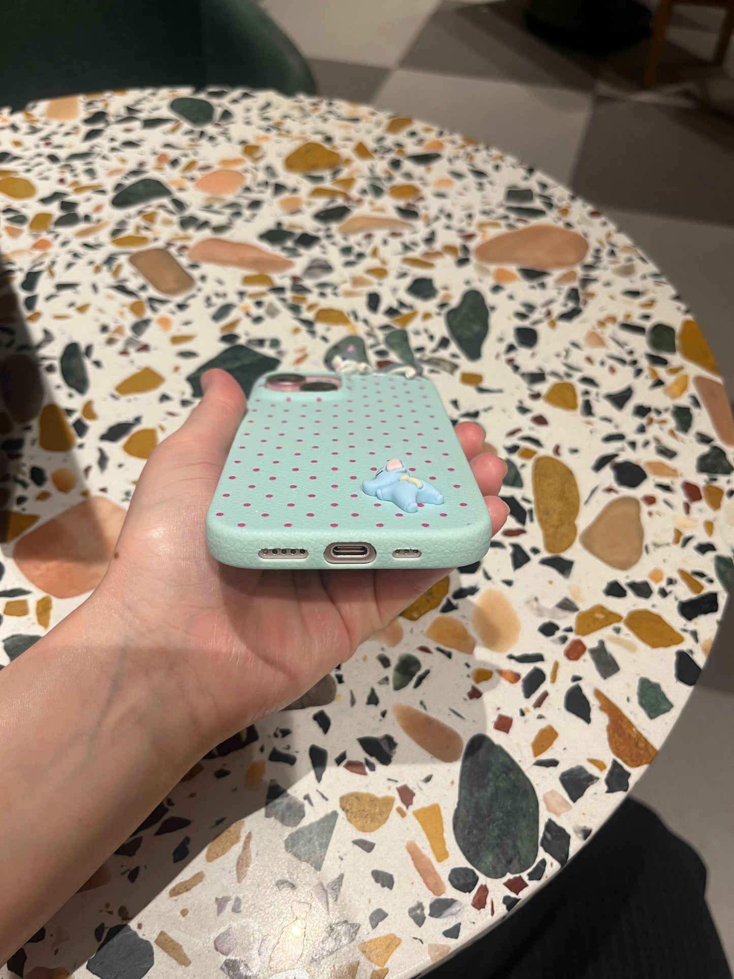 Mint Green Polka Dot iPhone Case with 3D Gray Cat & Blue Mouse Charm