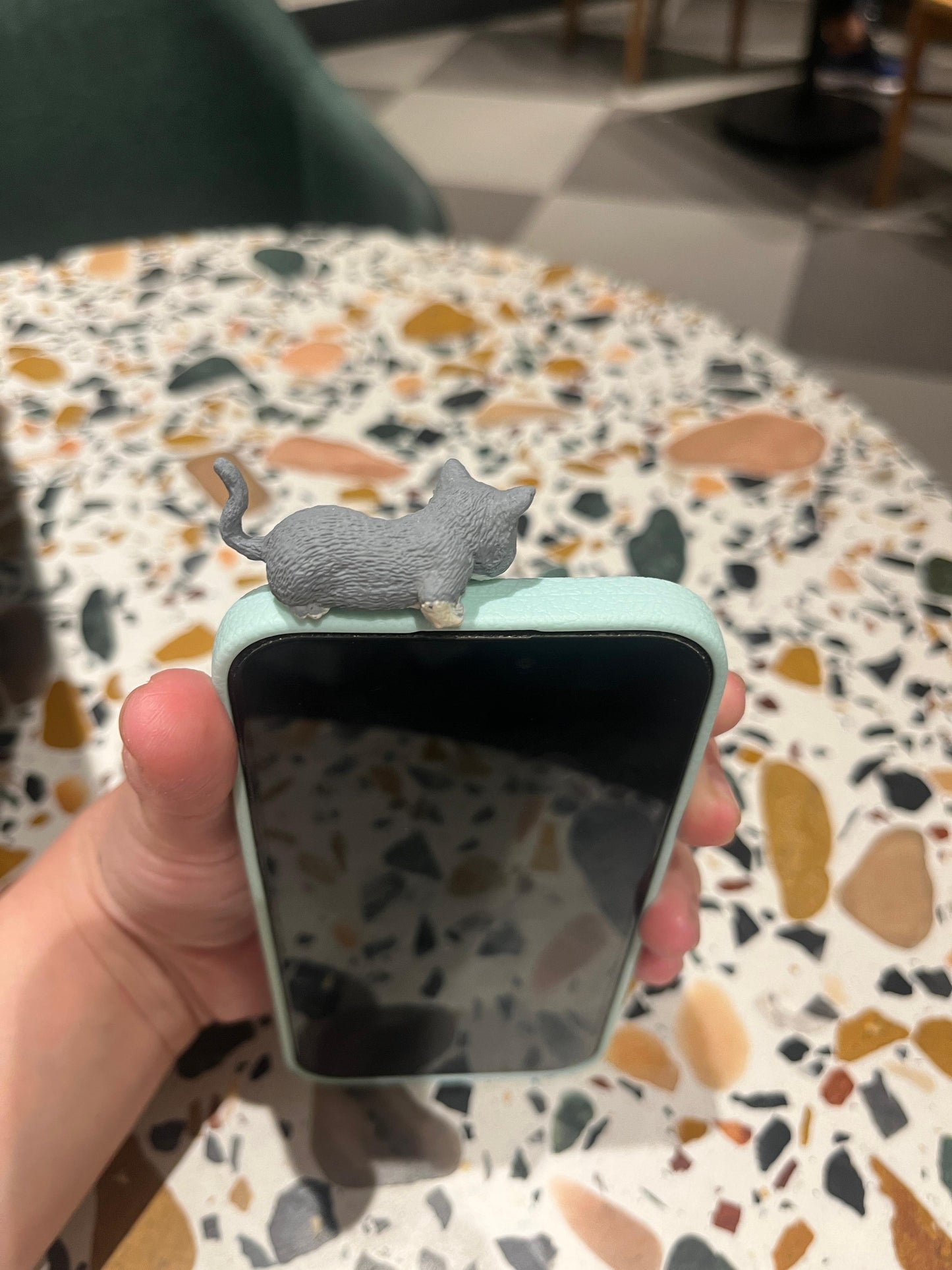 Mint Green Polka Dot iPhone Case with 3D Gray Cat & Blue Mouse Charm