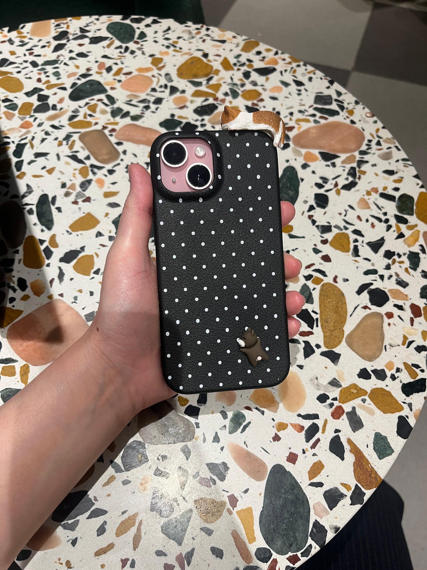 Black Polka Dot iPhone Case with 3D Cat and Mouse Charm