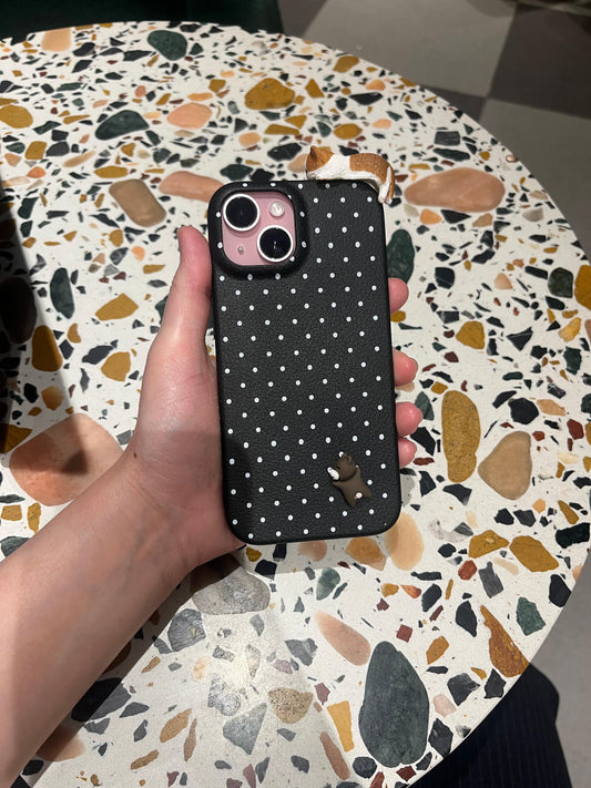 Black Polka Dot iPhone Case with 3D Cat and Mouse Charm