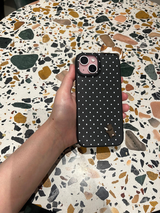 Black Polka Dot iPhone Case with 3D Cat and Mouse Charm
