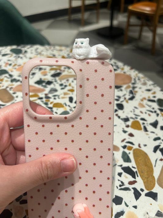 Cute Pink Polka Dot iPhone Case with 3D White Cat & Pink Bunny Charm