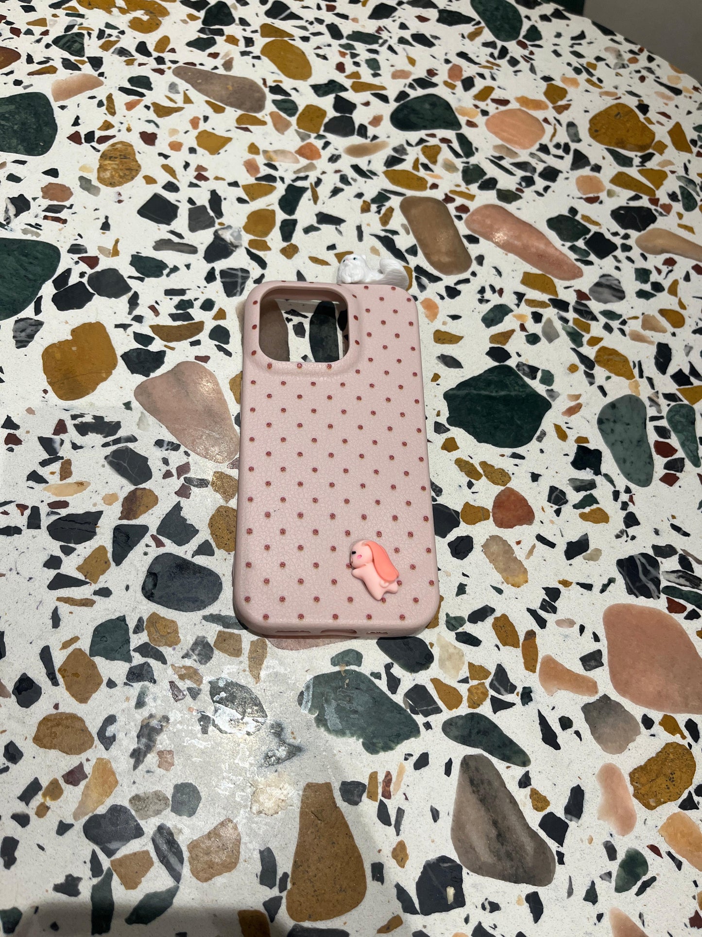 Cute Pink Polka Dot iPhone Case with 3D White Cat & Pink Bunny Charm