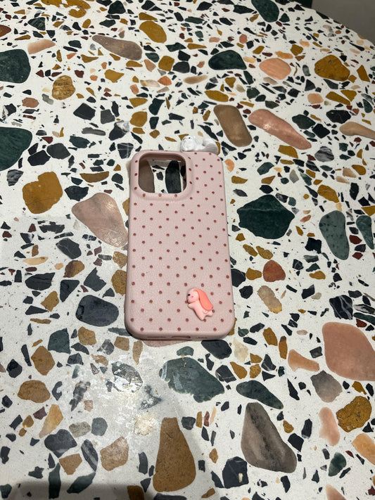 Cute Pink Polka Dot iPhone Case with 3D White Cat & Pink Bunny Charm