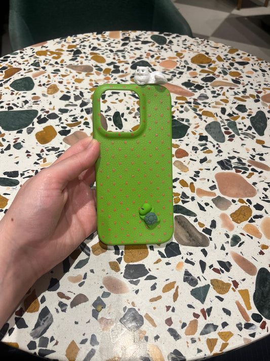 Lime Green Cactus iPhone Case with 3D White Cat & Turtle Charm