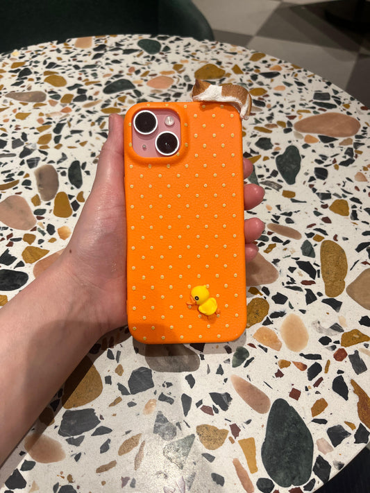 Vibrant Orange Polka Dot iPhone Case with 3D Calico Cat & Yellow Chick Charm