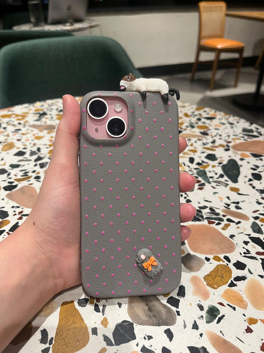 Gray Polka Dot iPhone Case with 3D White Ferret & Gray Sheep Charm