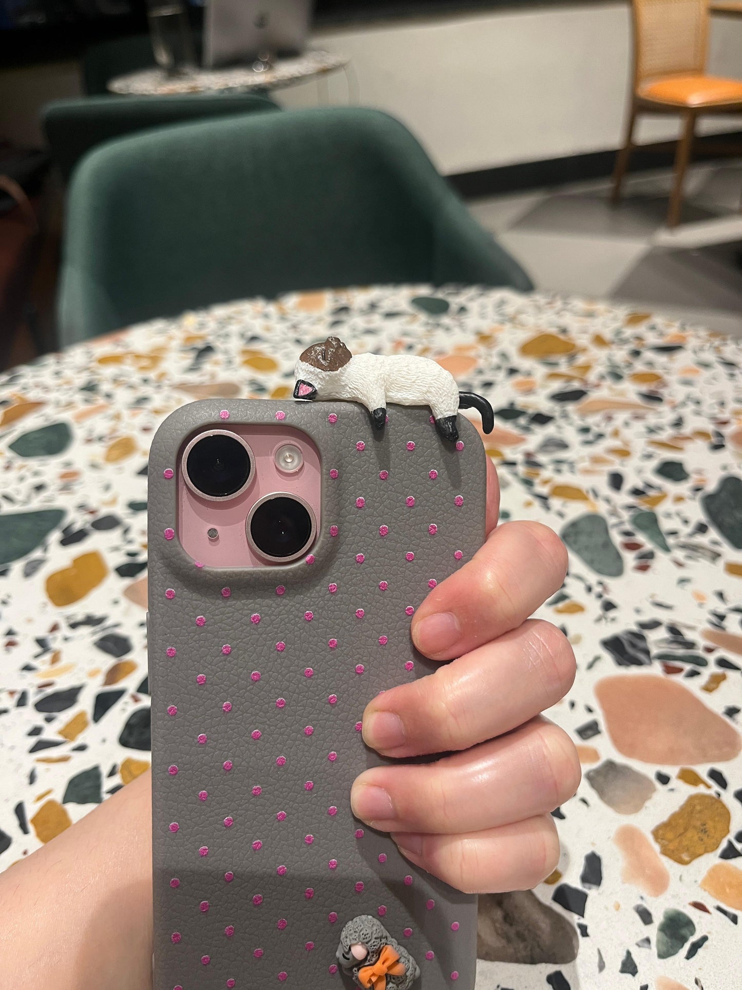 Gray Polka Dot iPhone Case with 3D White Ferret & Gray Sheep Charm