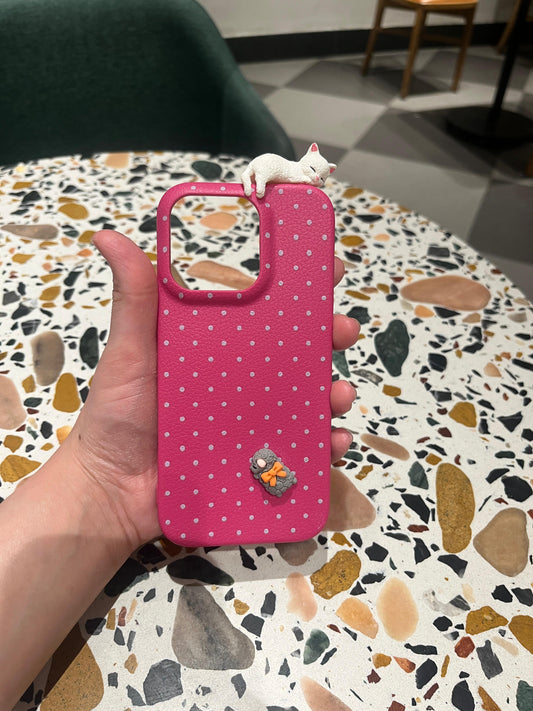 Vibrant Pink Polka Dot iPhone Case with 3D White Cat & Gray Sheep Charm