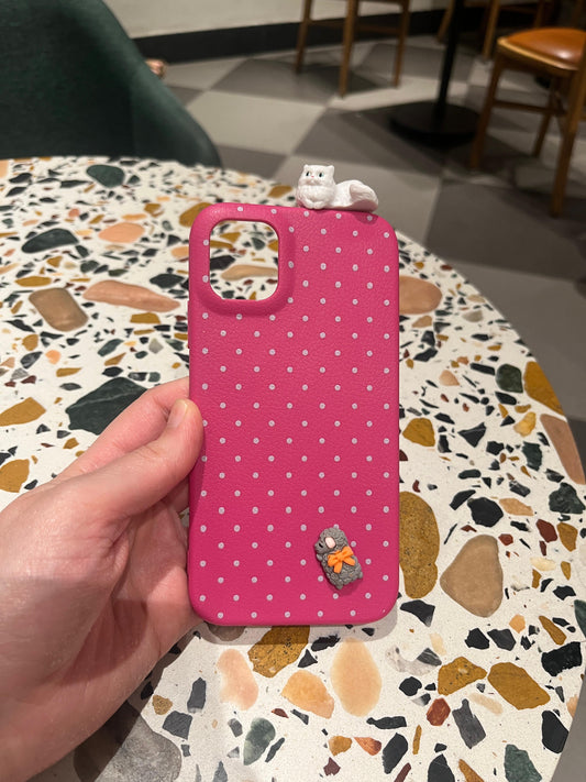 Vibrant Pink Polka Dot iPhone Case with 3D White Cat & Gray Sheep Charm