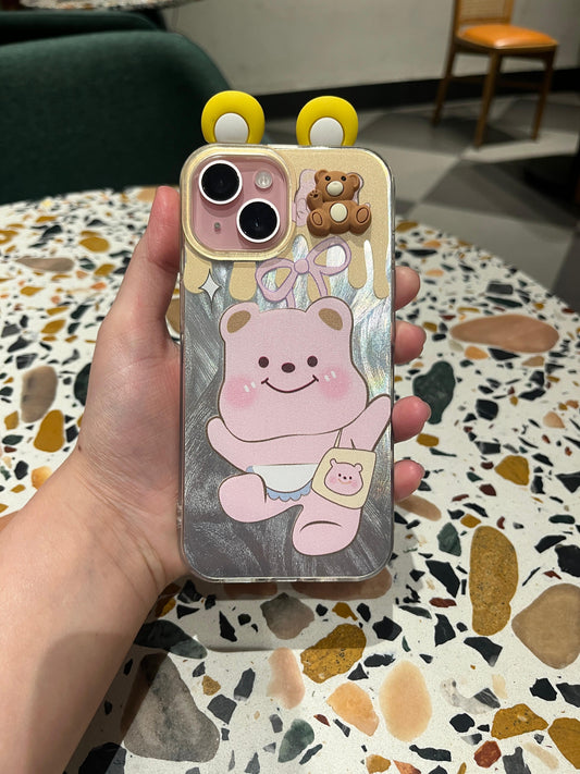 Holographic Pink Bear iPhone Case with 3D Yellow Ears & Teddy